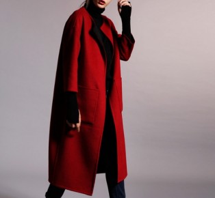 雙面紅色黑色中袖羊毛大衣外套
