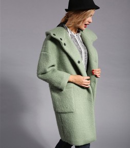 鬆身連帽大褸淺綠色或西瓜紅色羊毛大衣